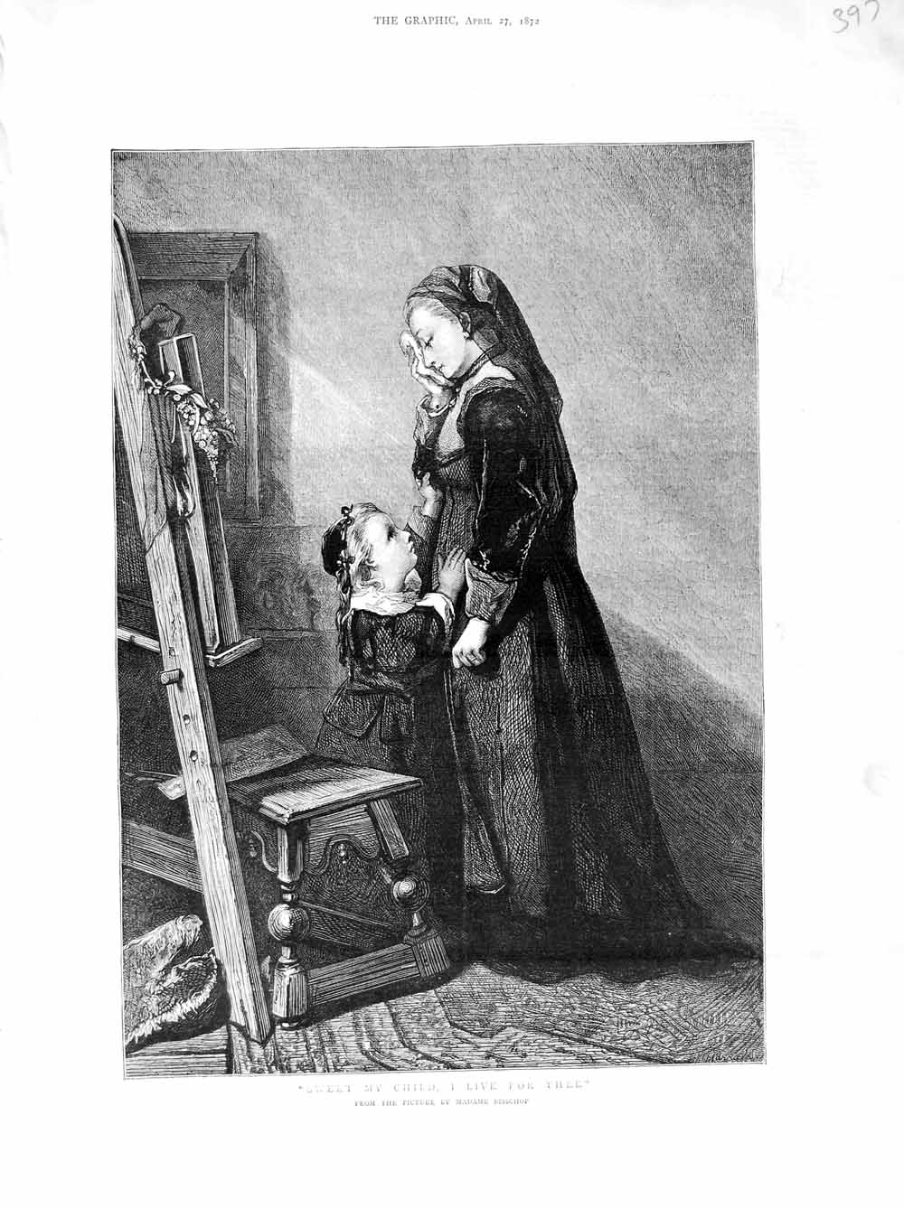 Original Old Antique Print 1872 Madame Bisschop Fine Art Mother Little Girl