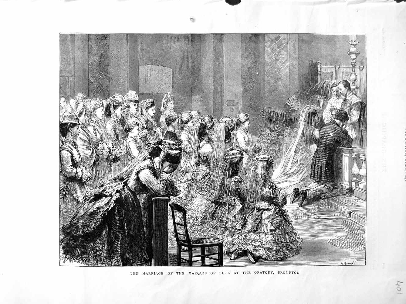 Original Old Antique Print 1872 Marriage Marquis Bute Oratory Brompton Wedding