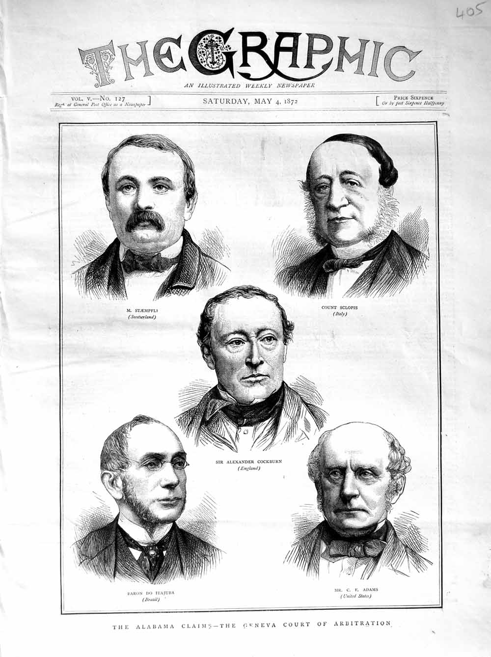 Original Old Antique Print 1872 Geneva Court Arbitration Cockburn Adams Itajuba