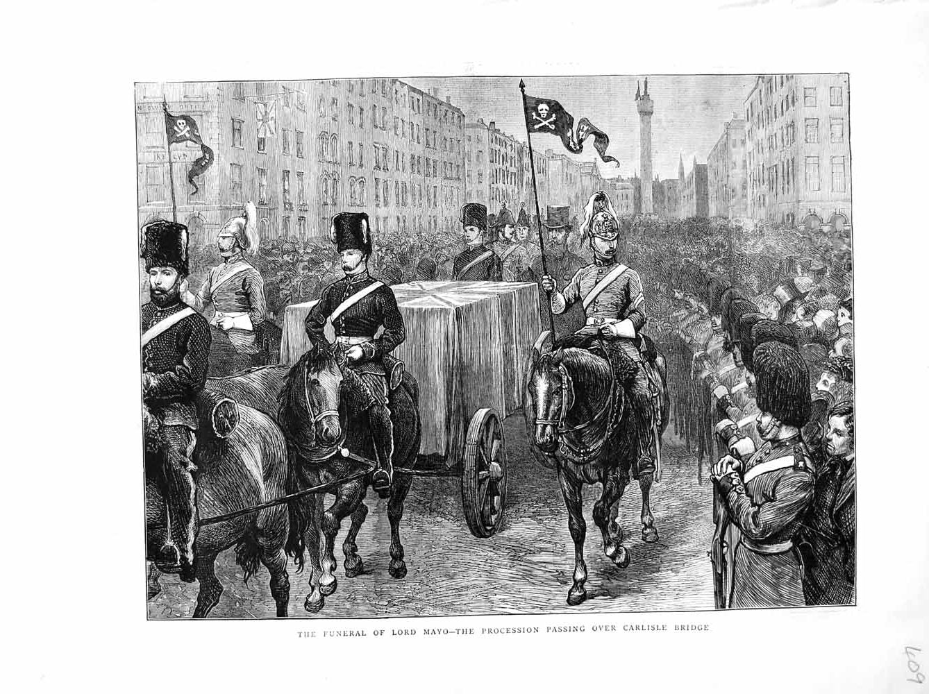 Original Old Antique Print 1872 Funeral Lord Mayo Carlisle Bridge Guards Horses