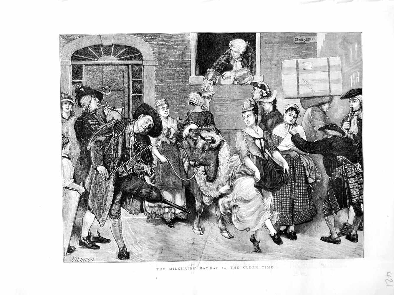 Original Old Antique Print 1872 Milkmaids Mayday Music Dancing Cow Fine Art