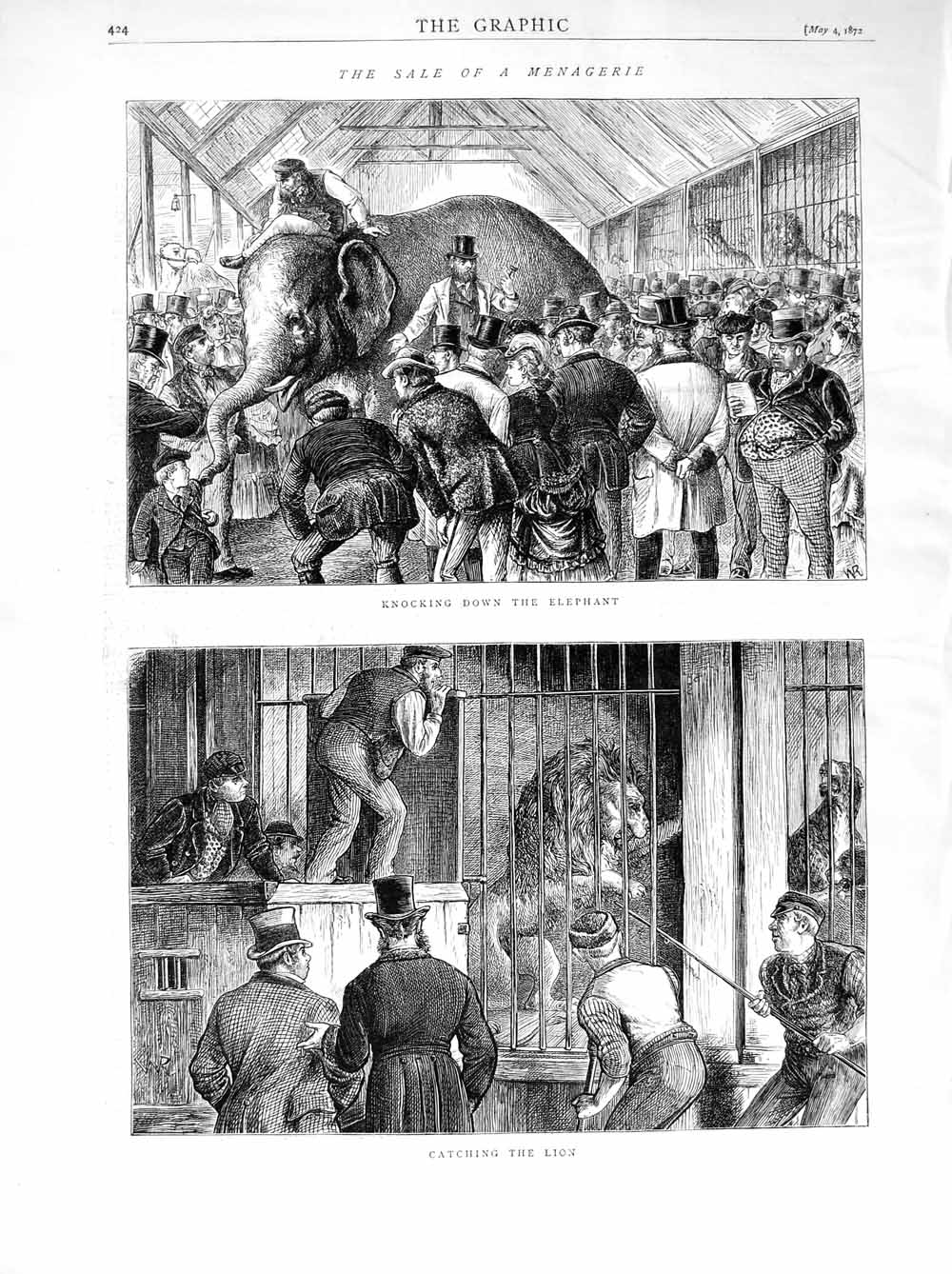 Original Old Antique Print 1872 Elephant Sale Lion Wild Animals People Men 19th