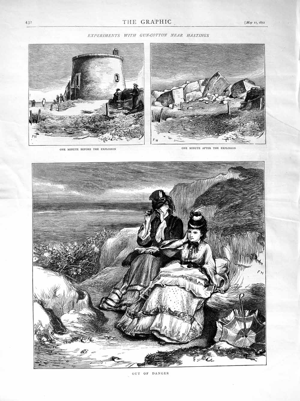 Old Antique Print 1872 Experiments Gun-Cotton Hastings Explosion Ladies 19th