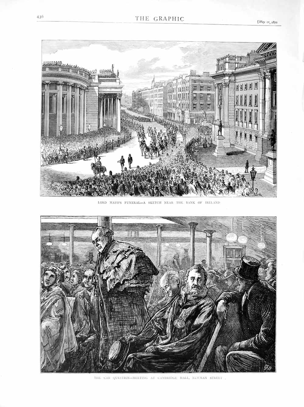 Old Antique Print 1872 Lord Mayo Funeral Bank Ireland Cambridge Hall Cab 19th