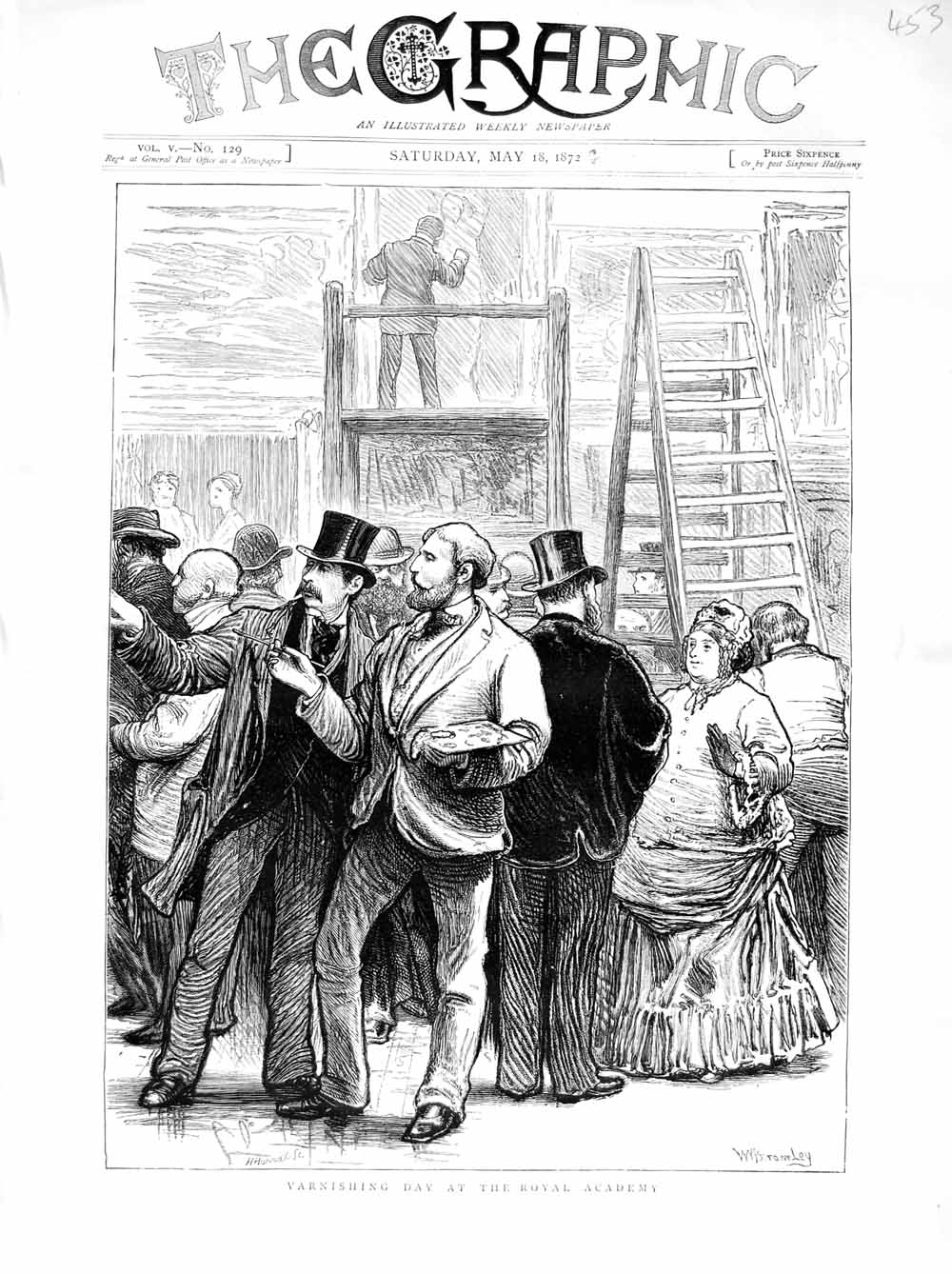 Original Old Antique Print 1872 Varnishing Day Royal Academy Painting Men Women