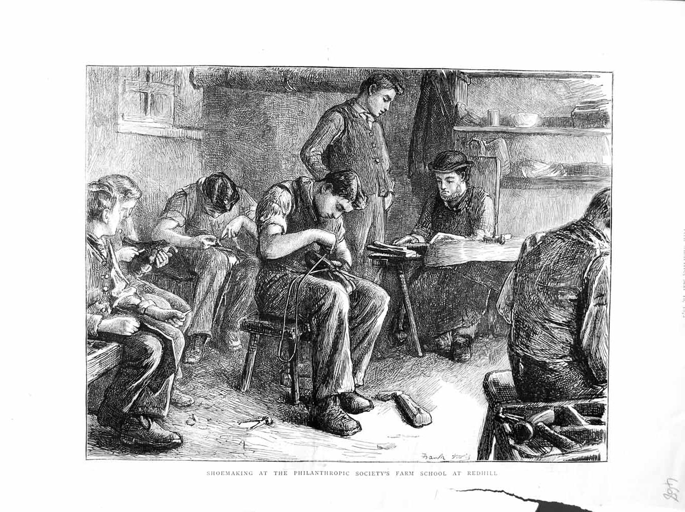 Original Old Antique Print 1872 Shoemaking Philanthropic Farm School Redhill