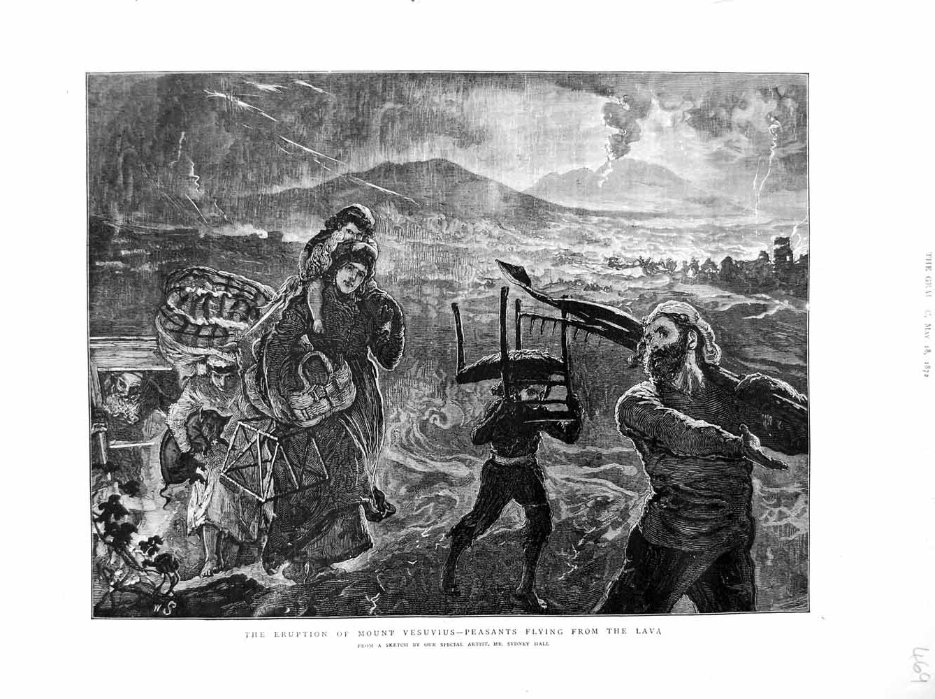 Original Old Antique Print 1872 Eruption Mount Vesuvius Peasant People Lava