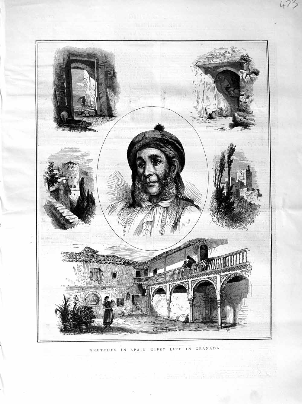 Original Old Antique Print 1872 Spain Gypsy Life Granada People House Victorian