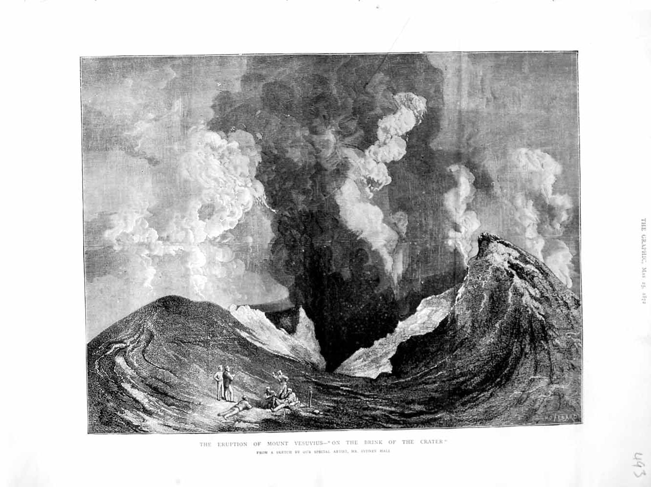 Original Old Antique Print 1872 Eruption Mount Vesuvius Crater Mountain Volcano