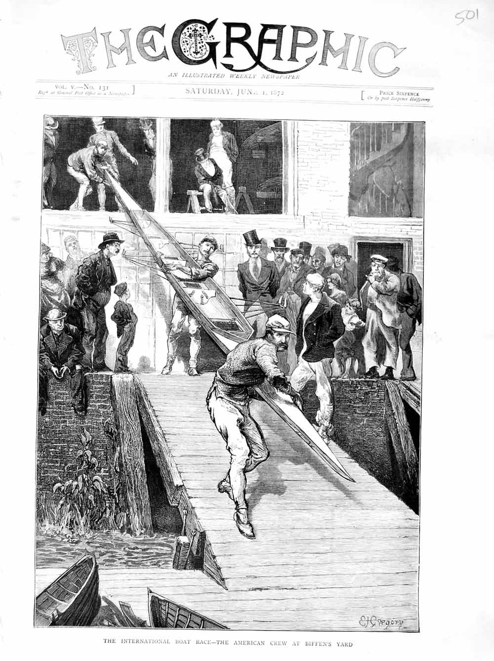 Old Antique Print 1872 International Boat Race American Crew Biffen Yard 19th
