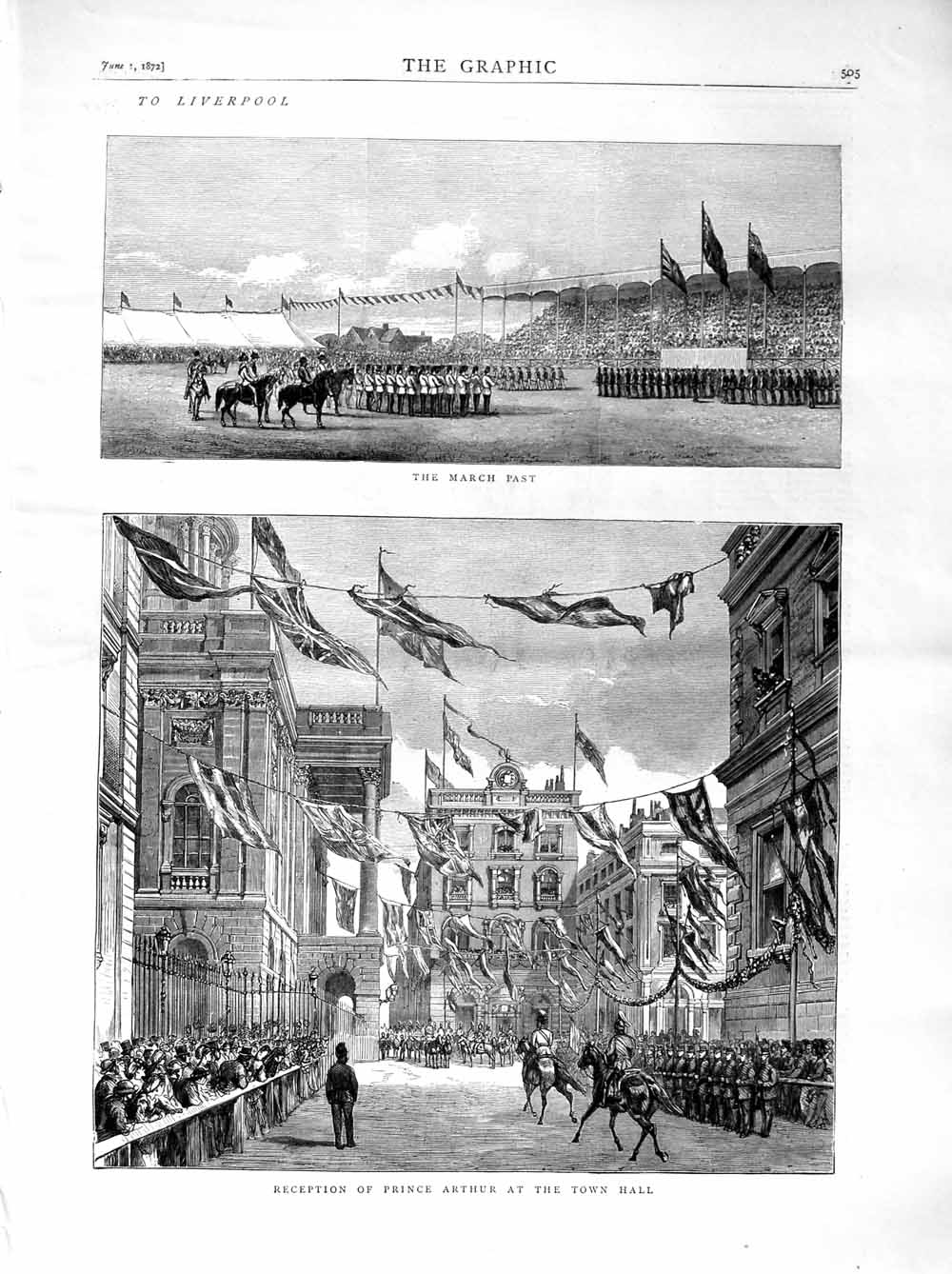 Original Old Antique Print 1872 Liverpool Prince Arthur Town Hall Horses Parade