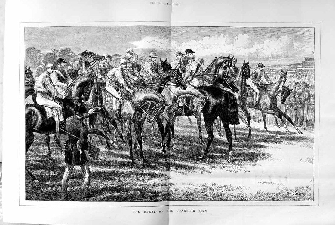 Original Old Antique Print 1872 Derby Horse Racing Sport Jockeys Basil Bradley