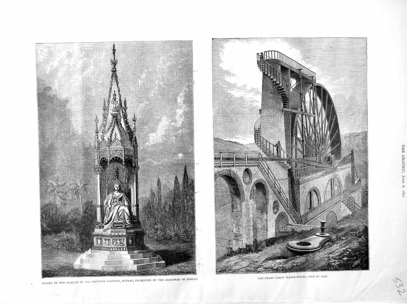 Old Antique Print 1872 Statue Queen Victoria Bombay Isle Man Laxey Wheel 19th