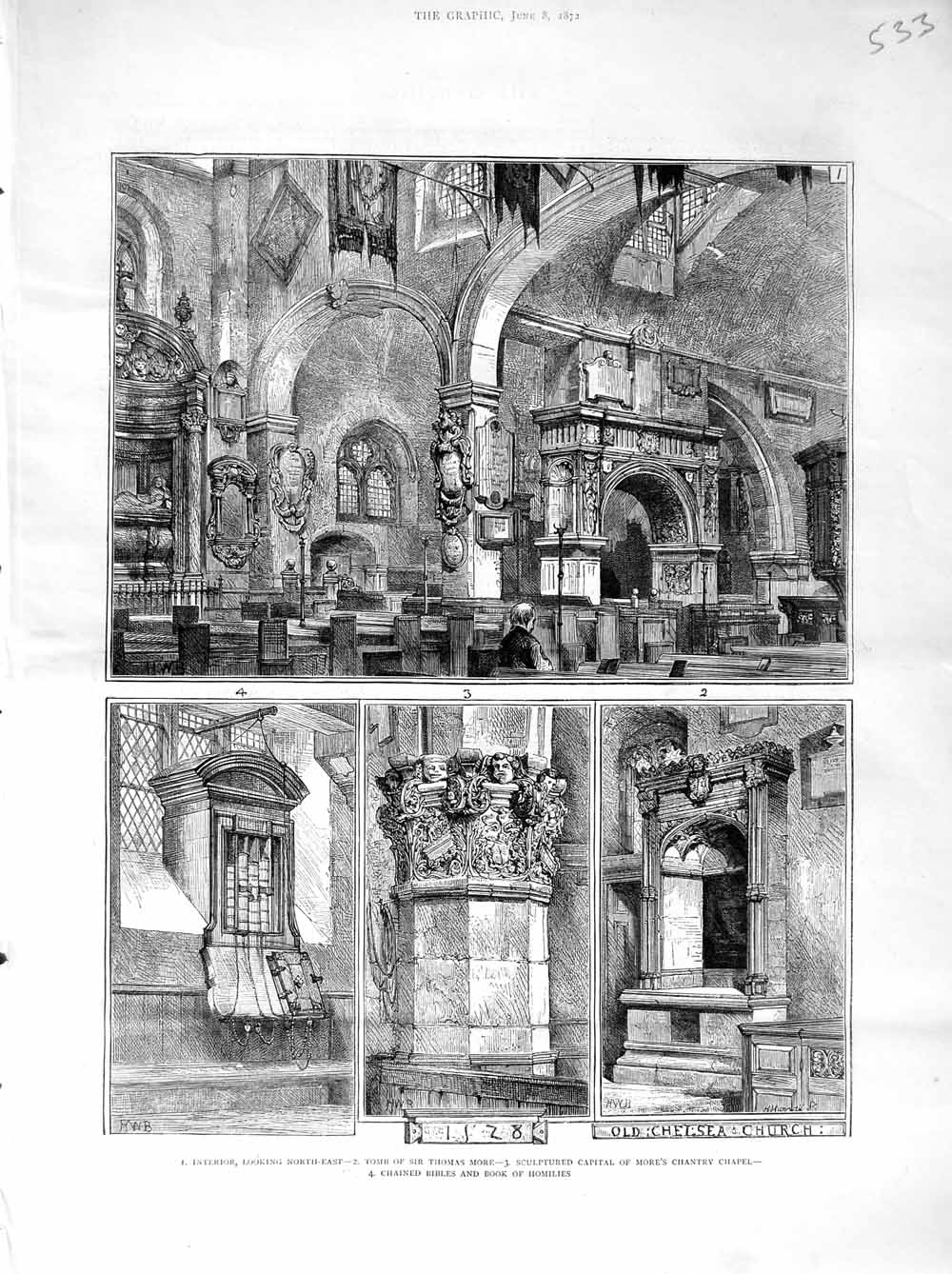 Original Old Antique Print 1872 Chelsea Church Tomb More Chantry Chapel Bibles