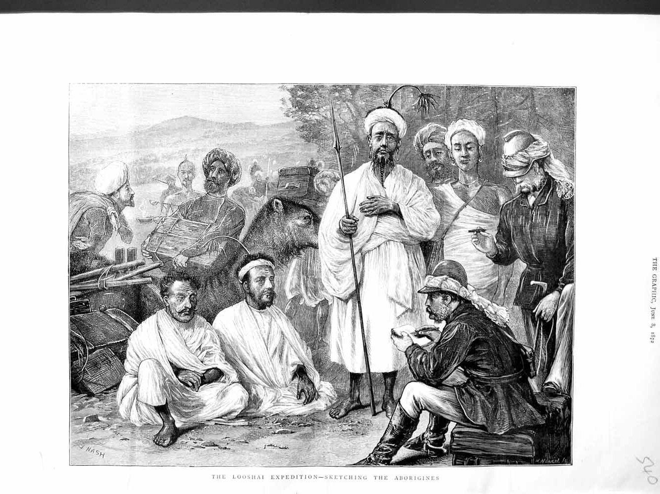 Original Old Antique Print 1872 Looshai Expedition Aborigines Sketching Art