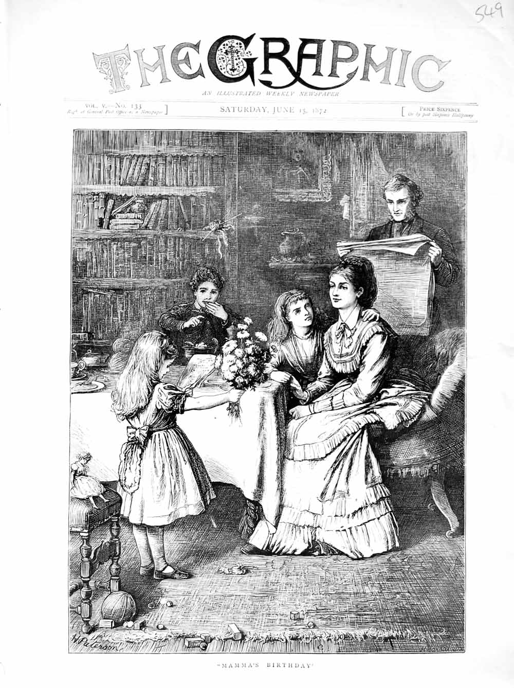 Original Old Antique Print 1872 Family Home Mother'S Birthday Children Flowers