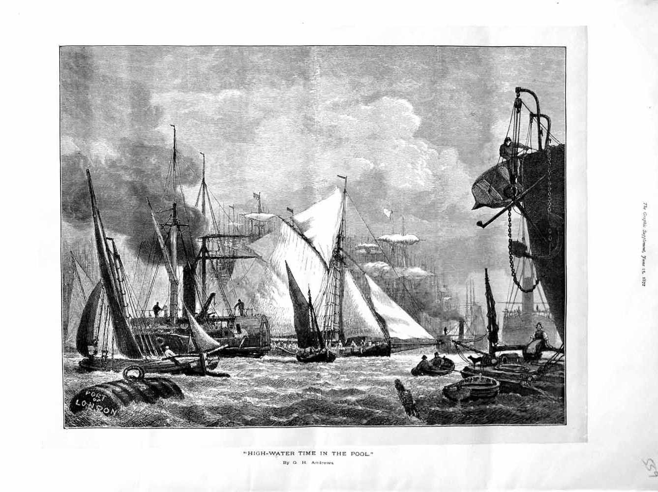 Original Old Antique Print 1872 Scene Ships Boats Sailing Anchor 19th