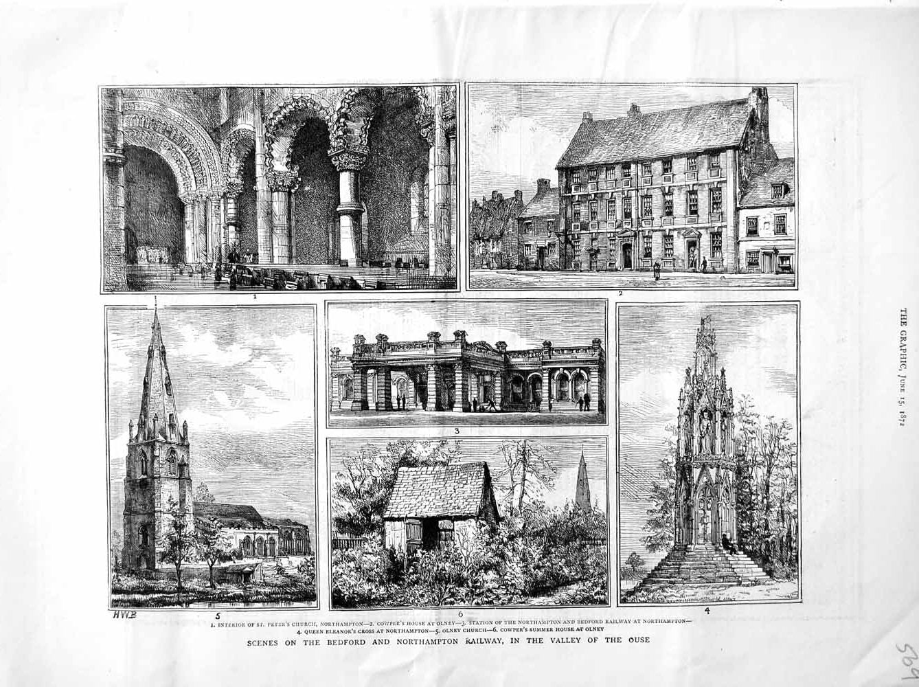 Original Old Antique Print 1872 Bedford Railway Valley Ouse Cowper Olney Church