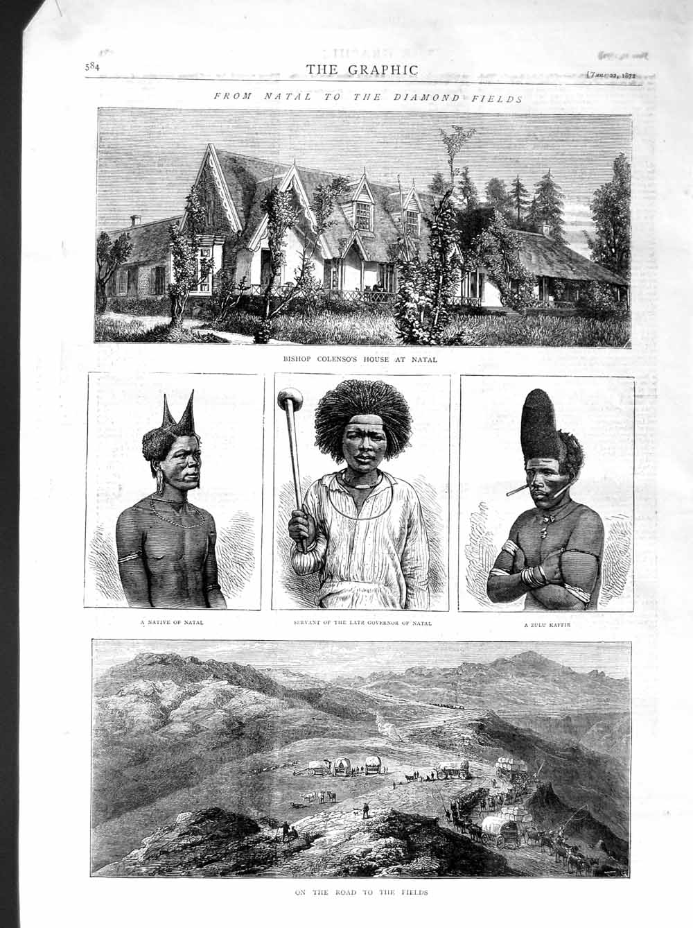 Old Antique Print 1872 Natal Diamond Fields Bishop Colenso Zulu Natives 19th