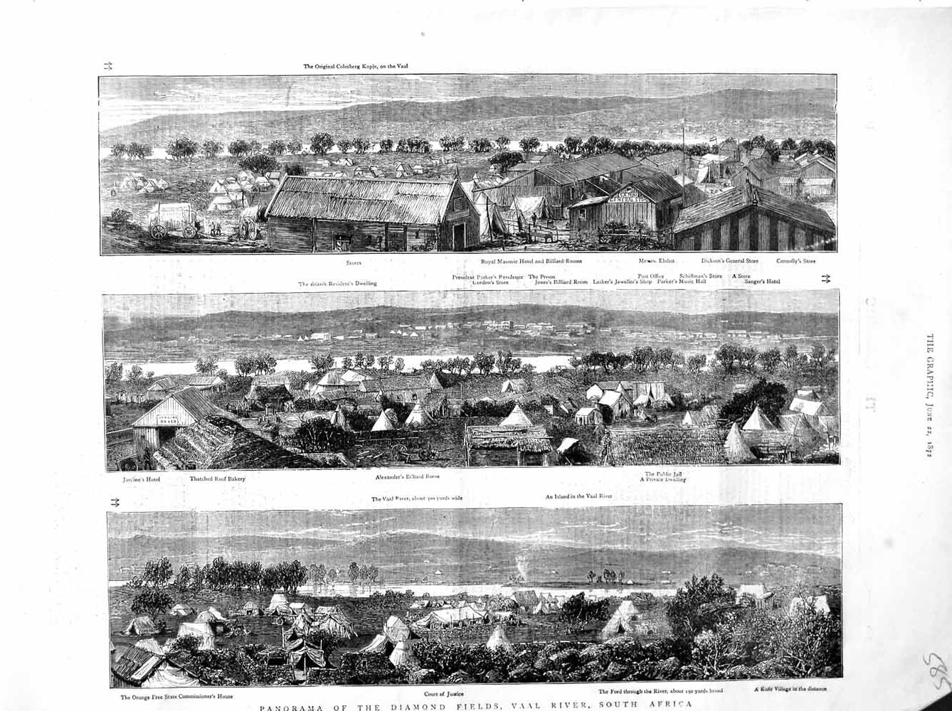 Original Old Antique Print 1872 Panorama View Diamond Fields Vaal River Africa