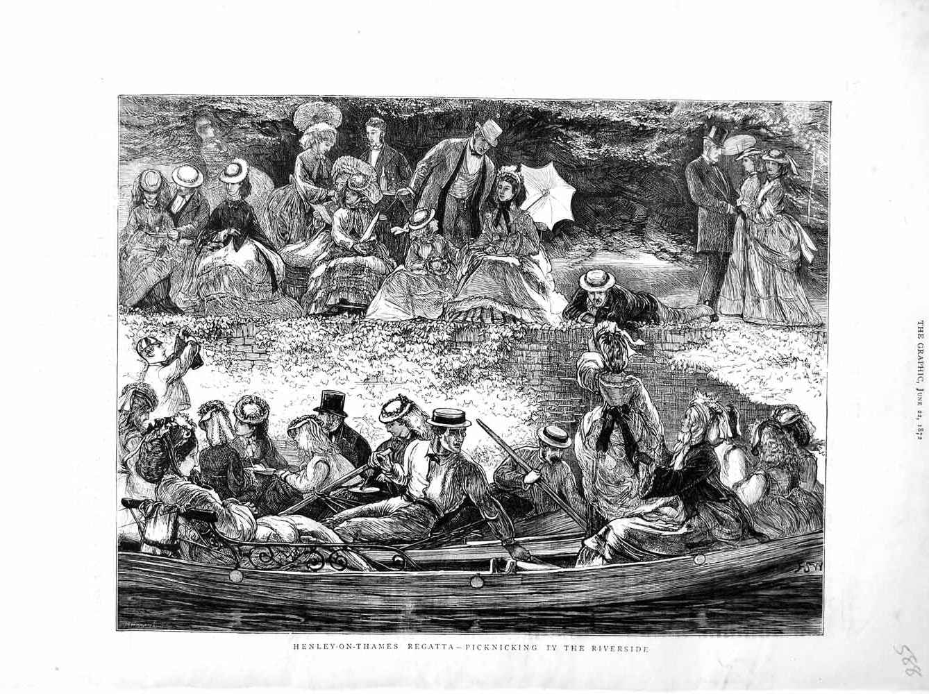 Original Old Antique Print 1872 Henley-On-Thames Regatta Picknicking River Boat