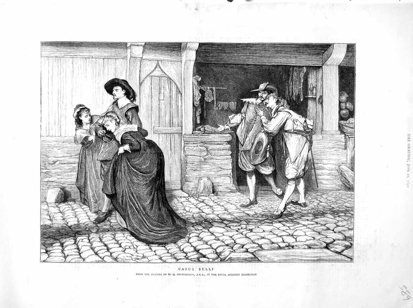 Original Old Antique Print 1872 Casus Belli Men Ladies Street Scene Orchardson