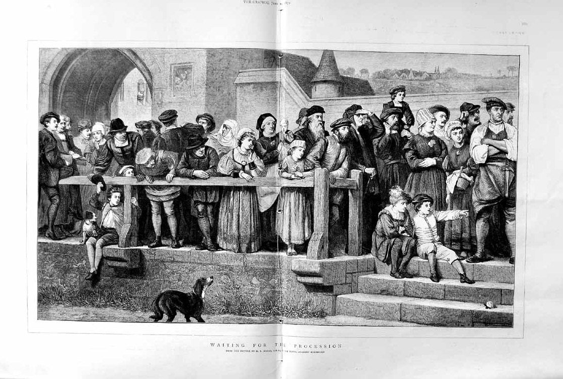Antique Old Print 1872 Scene People Street Procession Dogs Children Marks 19th