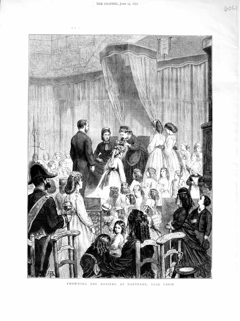 Original Old Antique Print 1872 Scene Crowning Rosiere Nanterre Paris France