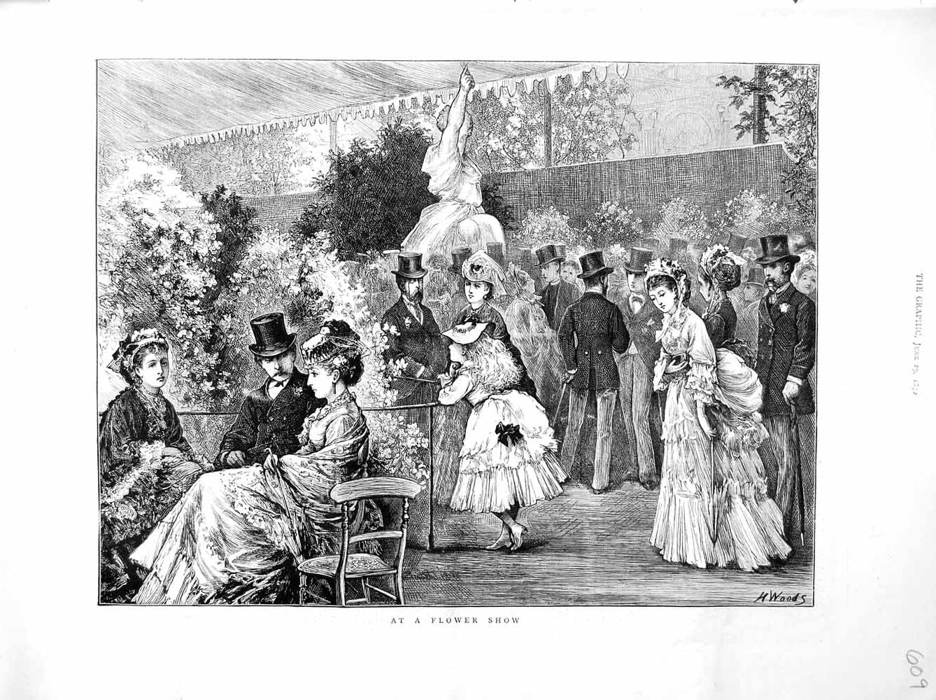 Original Old Antique Print 1872 Flower Show Men Women Children 19th