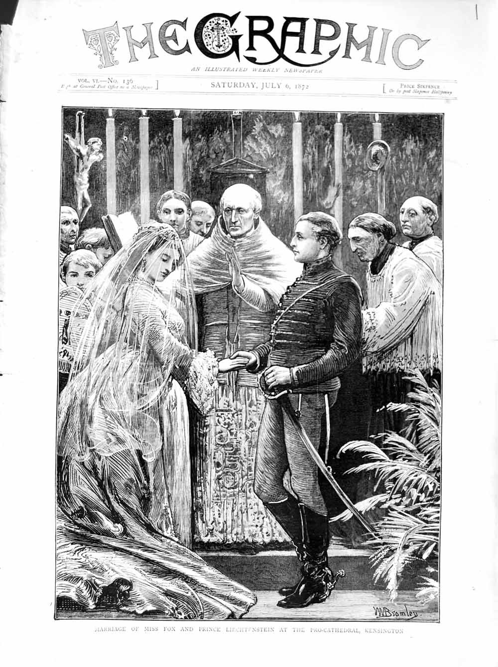 Original Old Antique Print 1872 Marriage Fox Prince Liechtenstein Kensington
