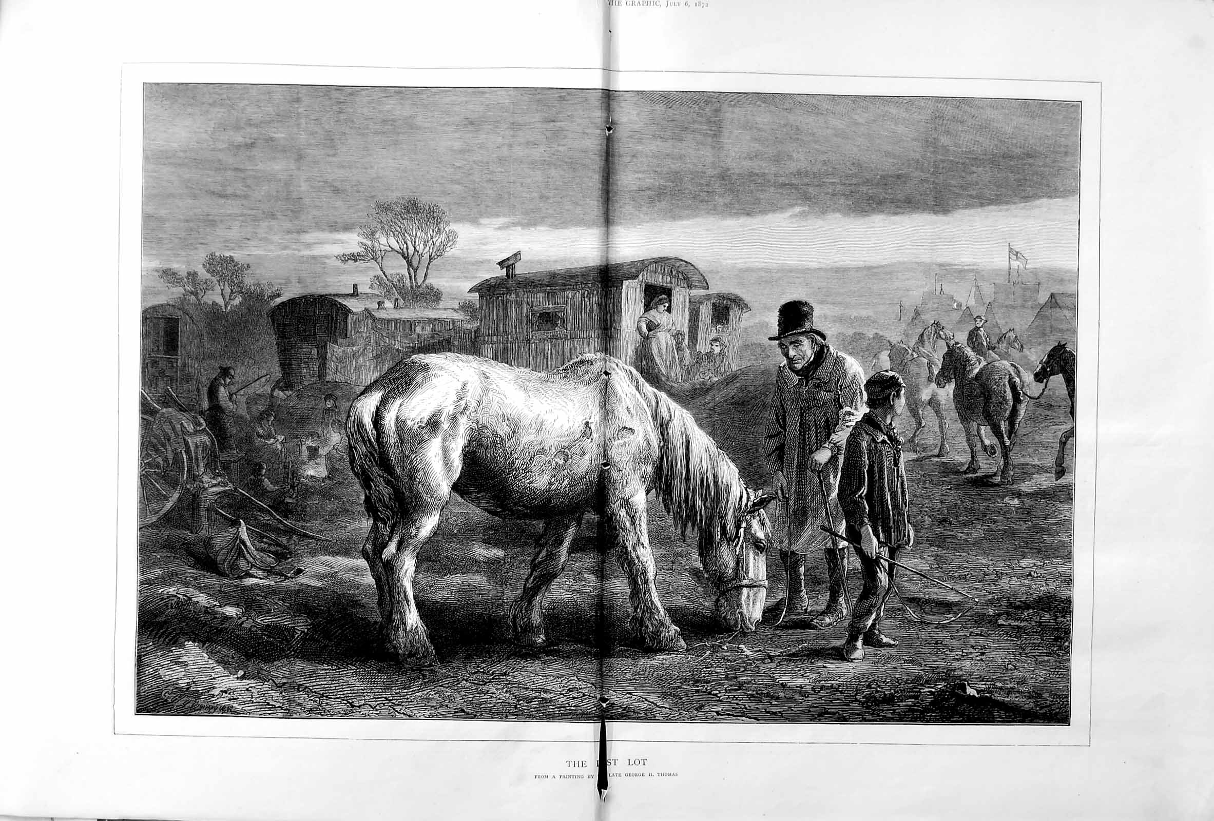 Original Old Antique Print 1872 Fine Art George Thomas Cart Horse Waggons Camp 0