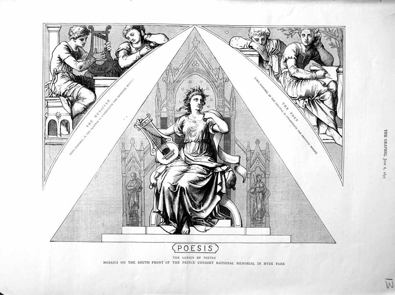 Original Old Antique Print 1872 Statue Poesis Musician Poet Mosaics Hyde Park