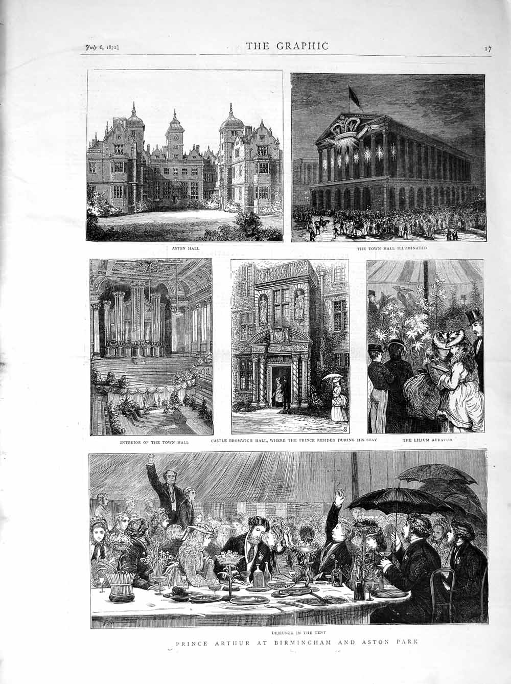 Old Antique Print 1872 Prince Arthur Birmingham Aston Park Castle Lilium 19th