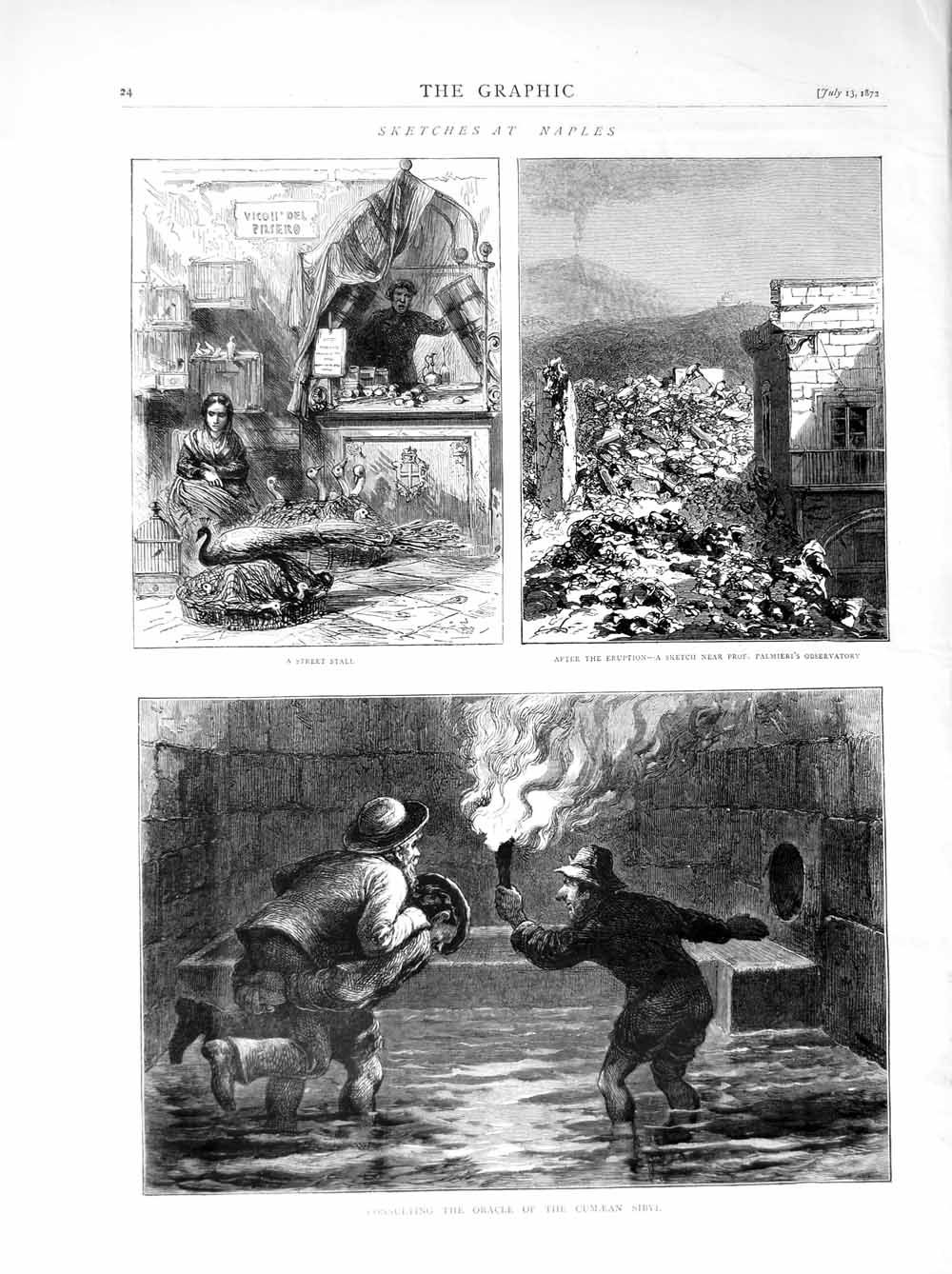 Old Antique Print 1872 Naples Volcano Palmieri Observatory Cumaean Sibyl 19th