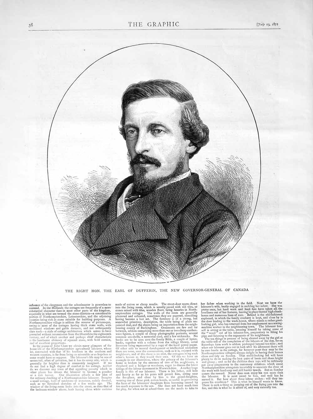 Original Old Antique Print 1872 Earl Dufferin New Governor-General Canada Man
