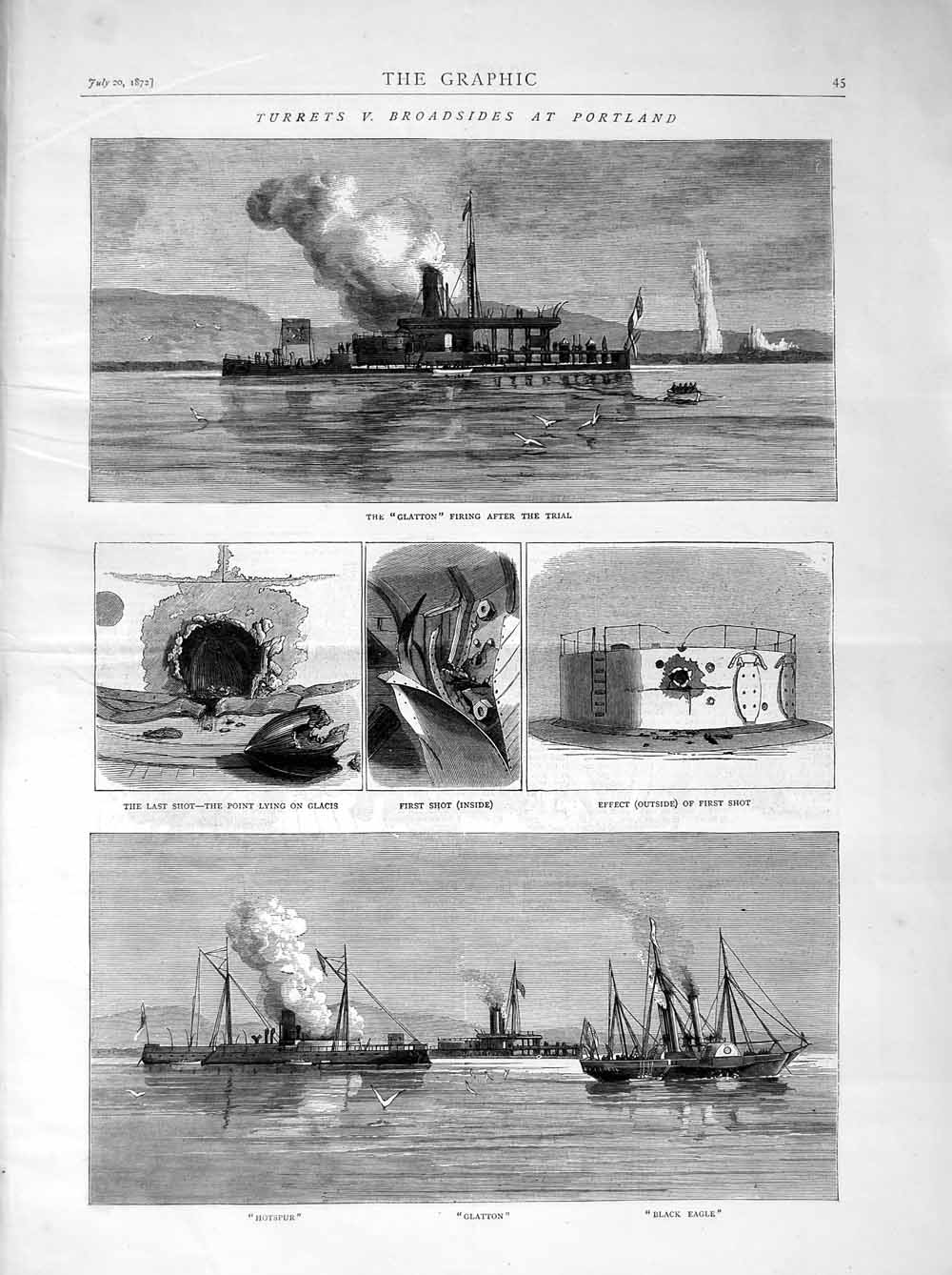 Original Old Antique Print 1872 Portland Ships Glatton Hotspur Black Eagle War