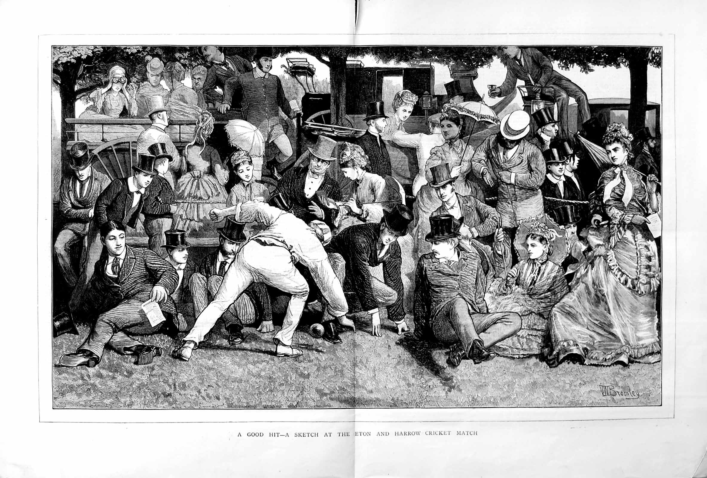 Original Old Antique Print 1872 Eton Harrow Cricket Match Sport School Boys 0