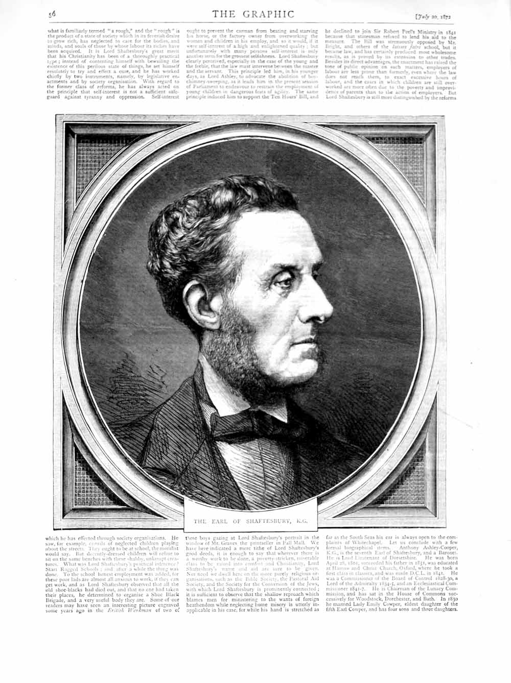 Original Old Antique Print 1872 Portrait Earl Shaftesbury Man 19th
