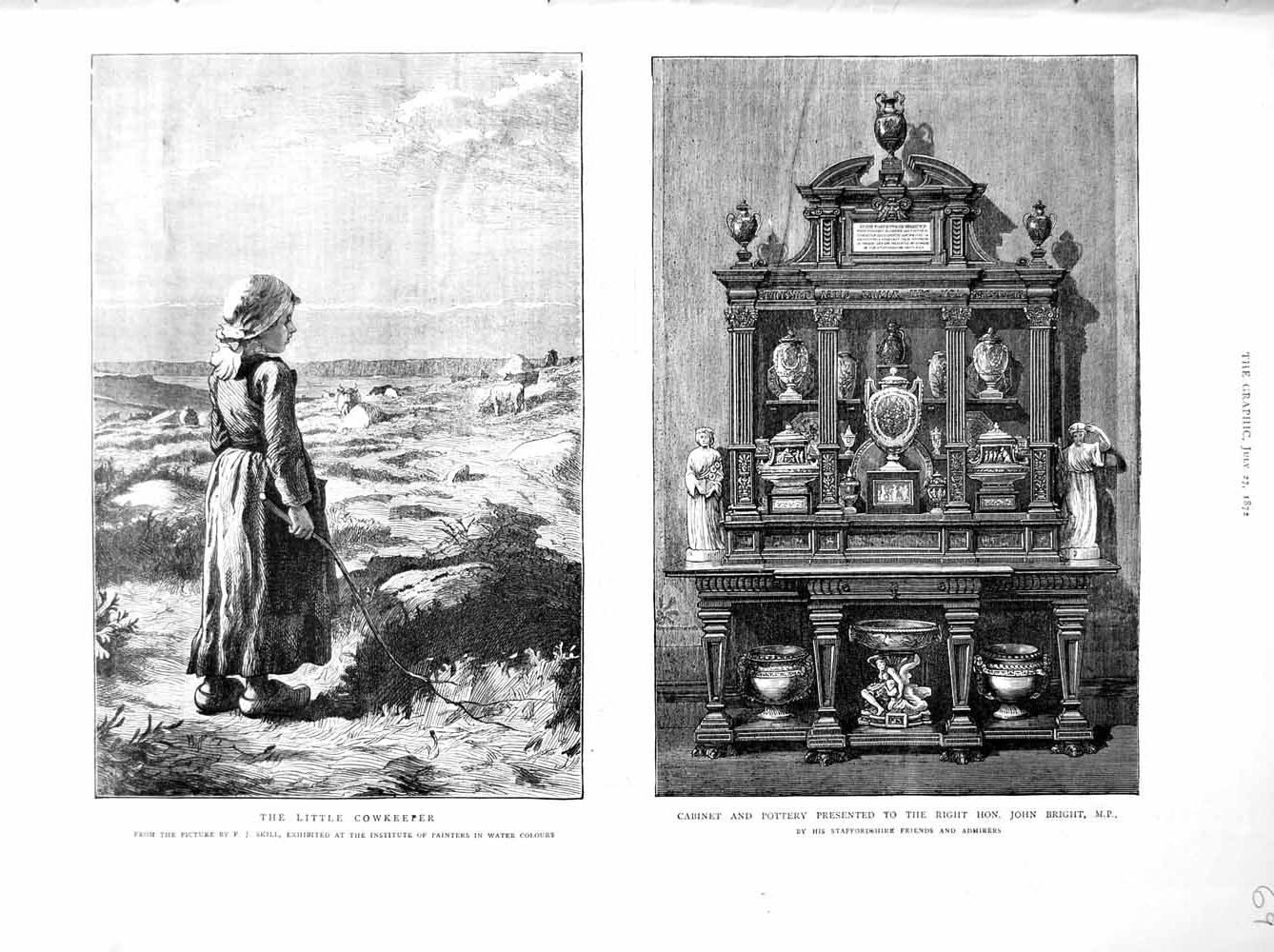 Old Antique Print 1872 Little Girl Cowkeeper Cabinet Pottery John Bright 19th