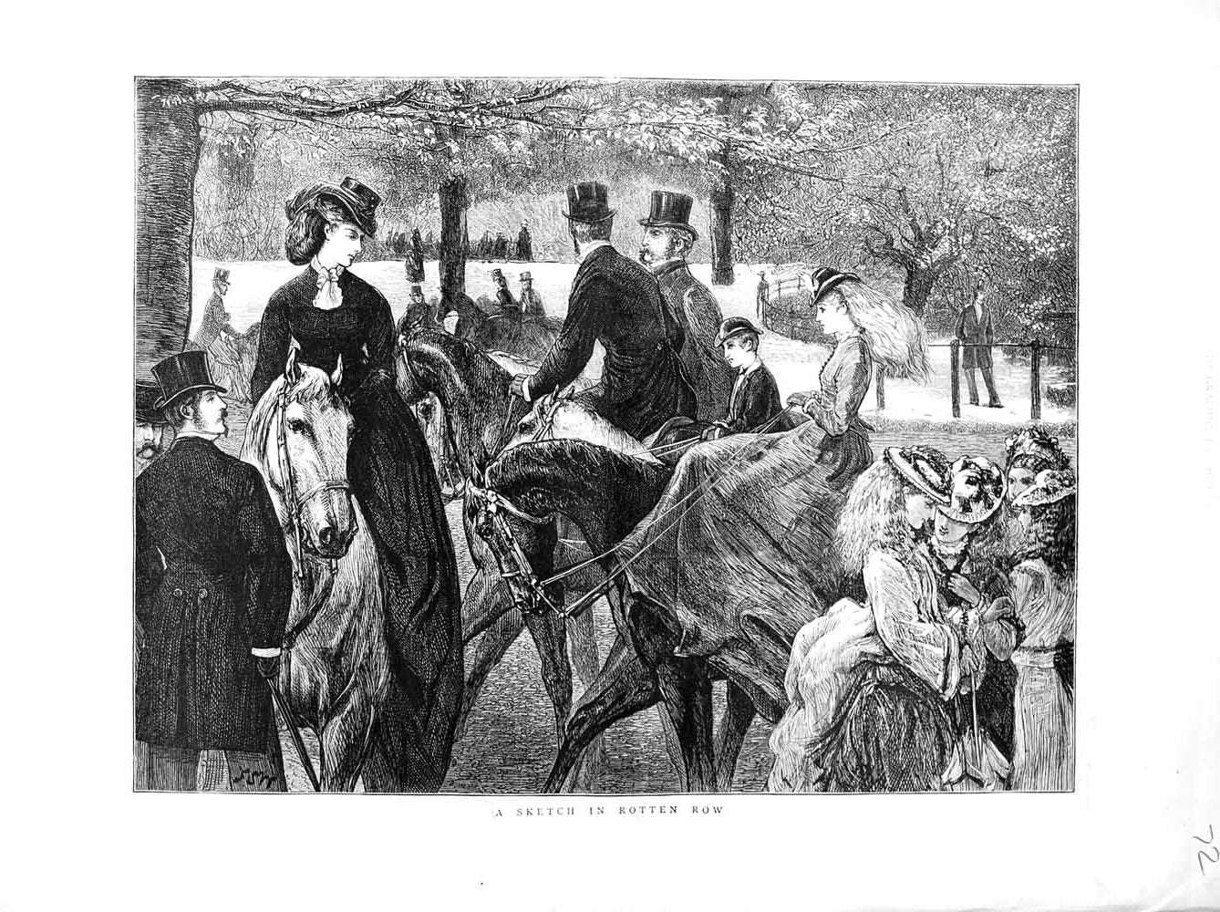 Original Old Antique Print 1872 Rotten Row Horses Ladies Men Children Trees