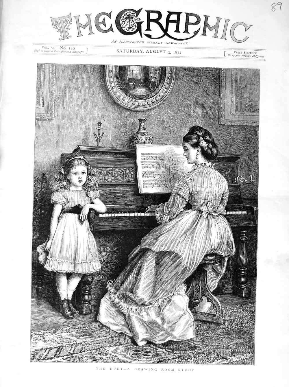 Original Old Antique Print 1872 Lady Little Girl Music Piano House Duet 19th