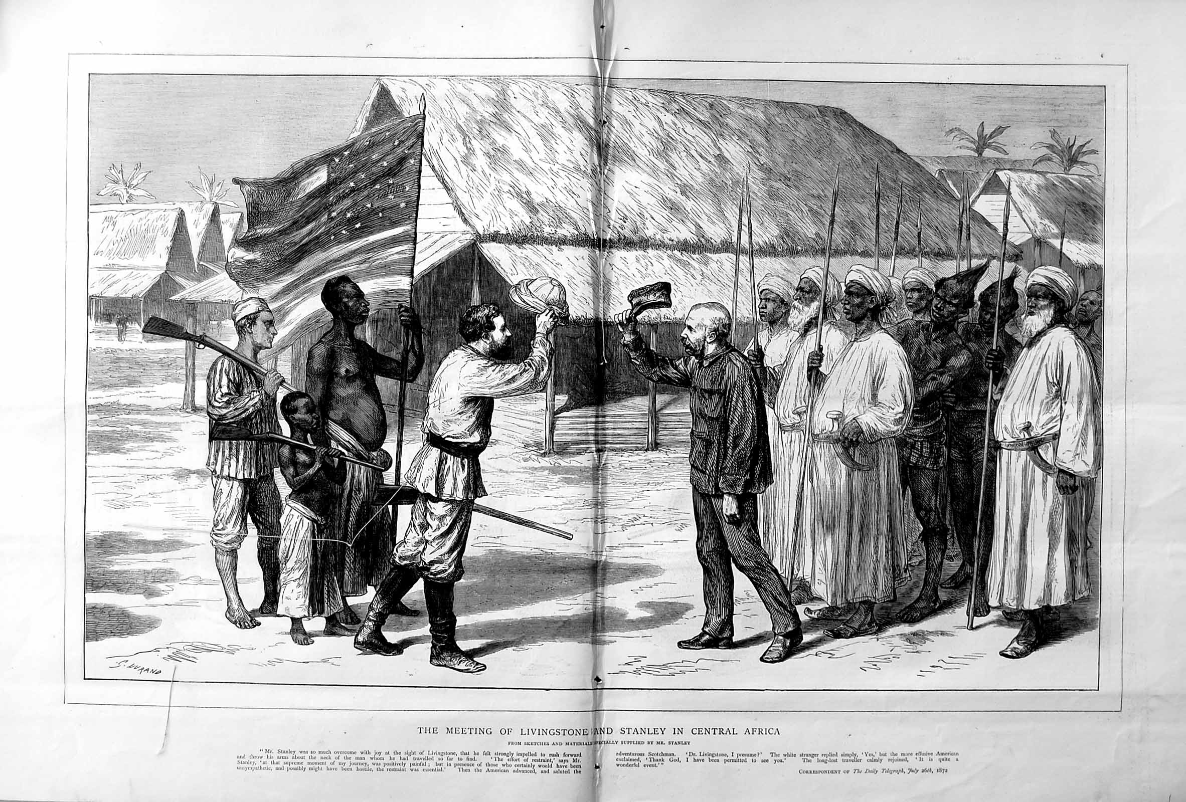 Original Old Antique Print 1872 Livingstone Stanley Meeting Africa Natives 0