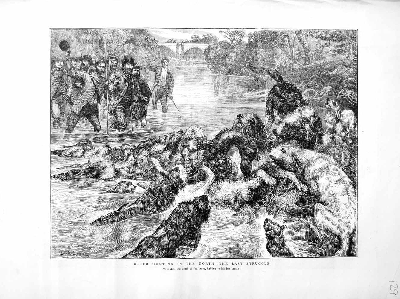 Old Antique Print 1872 Otter Hunting Men Dogs River Wild Animals Country 19th