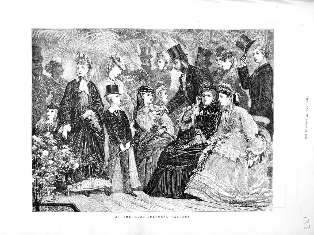Original Old Antique Print 1872 Scene Horticultural Gardens Flowers People 19th