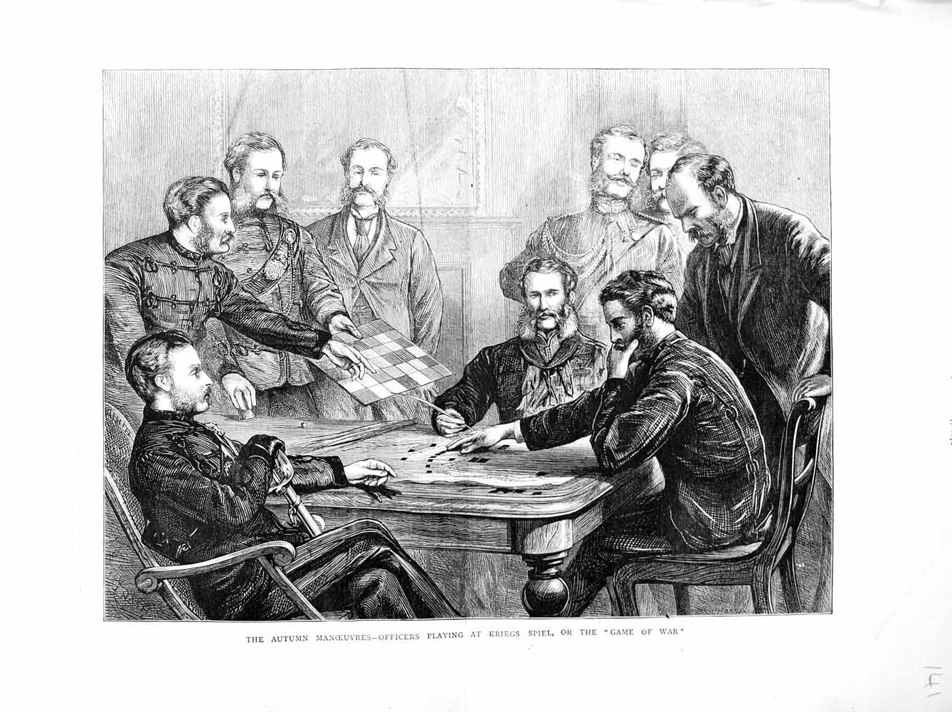 Original Old Antique Print 1872 War Officers Playing Kriegs Spiel Game Men 19th
