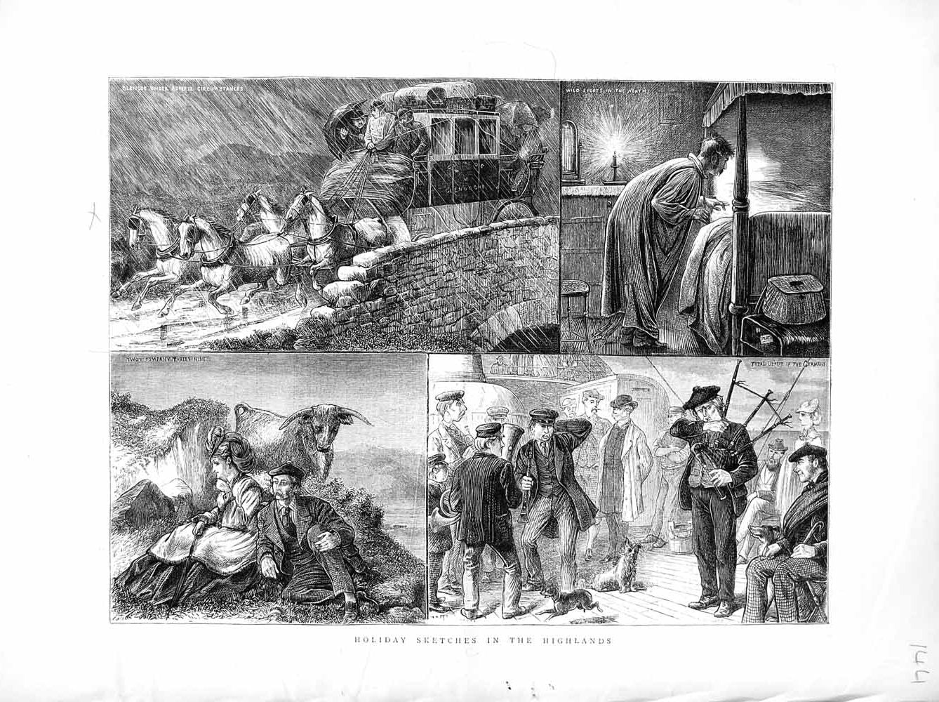 Old Antique Print 1872 Holiday Highlands Scotland Bagpipes Horse Carriage 19th