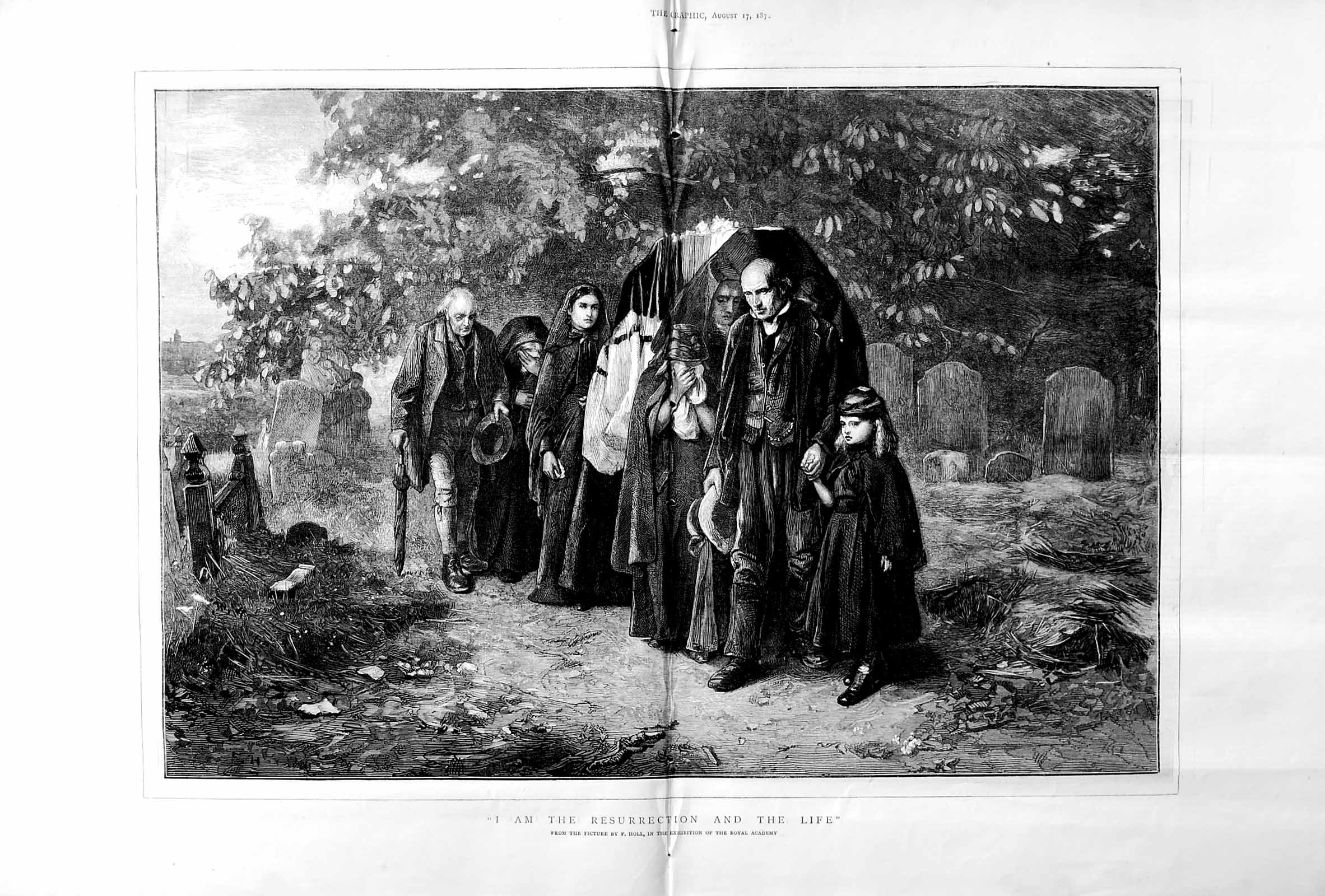 Original Old Antique Print 1872 Funeral Scene Graveyard Cemetery Royal Academy