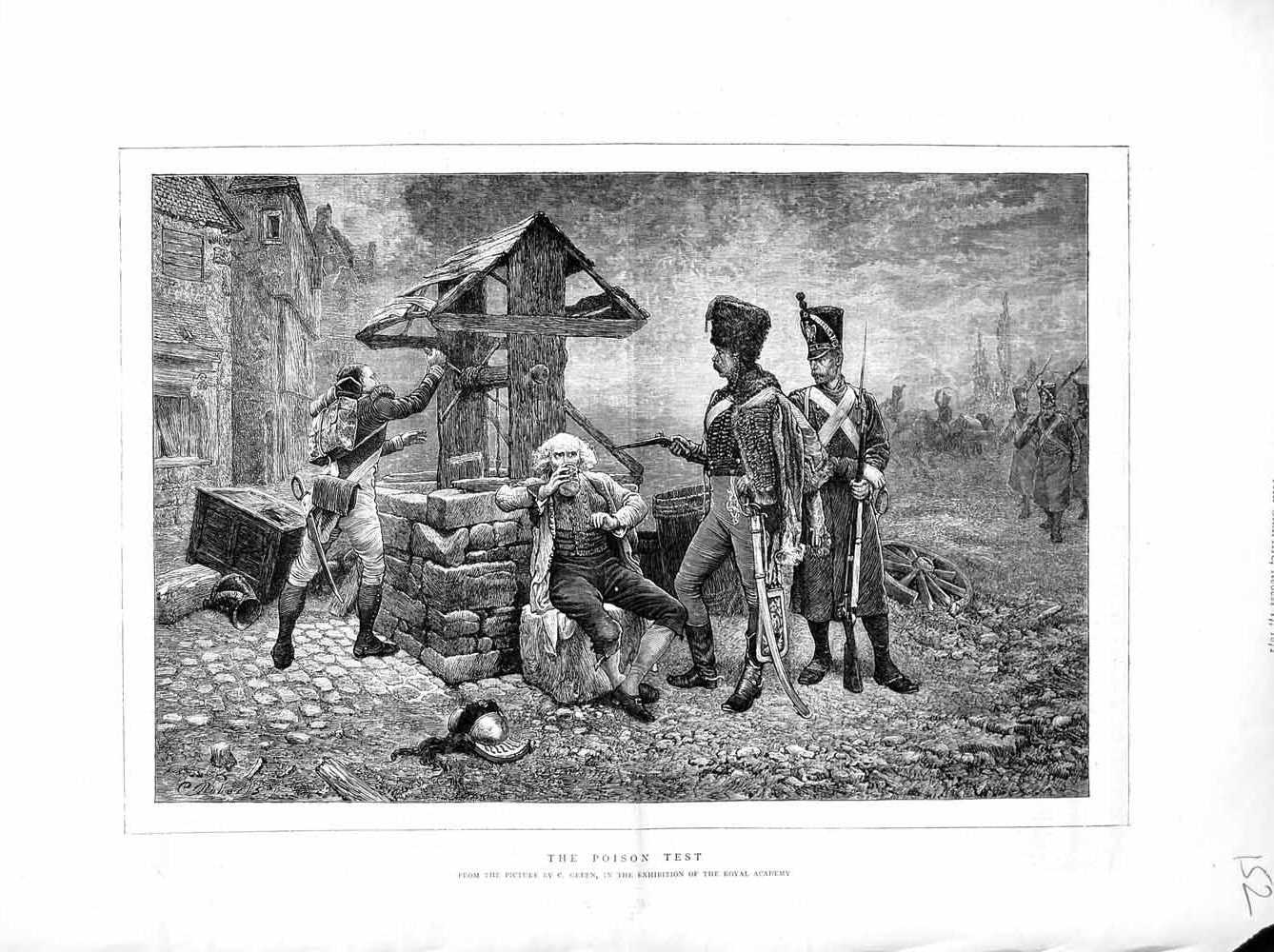 Original Old Antique Print 1872 Siers Weapons Man Drinking Well Green Victorian