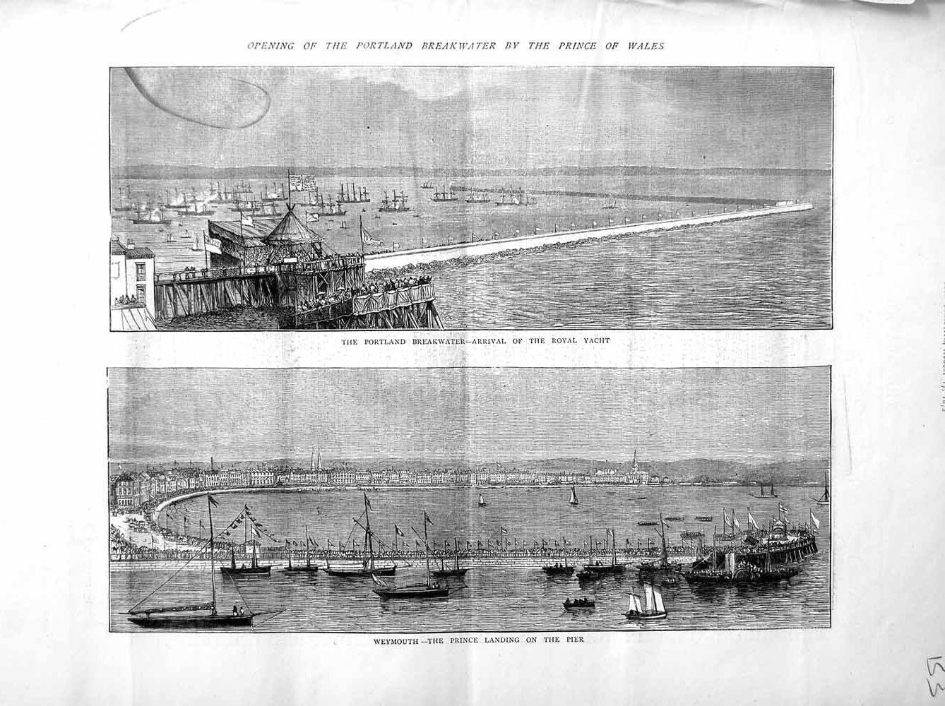 Original Old Antique Print 1872 Portland Breakwater Prince Wales Weymouth Yacht