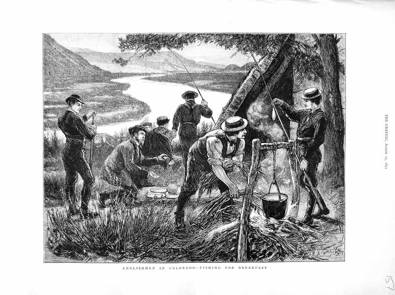 Old Antique Print 1872 Englishmen Colorado America Fishing River Country 19th